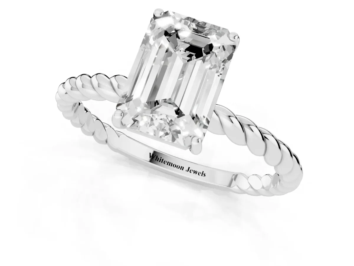 Emerald Cut Solitaire Twisted Band 4-Prong Ring Silver