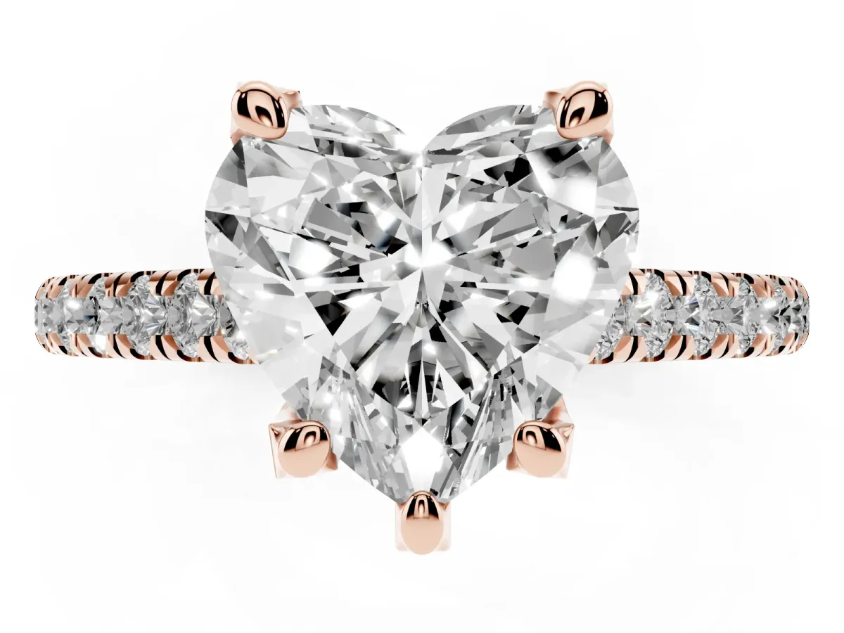 Heart Cut Brilliant Diamond Solitaire with Pavé Band and Four-Prong Setting Rose gold