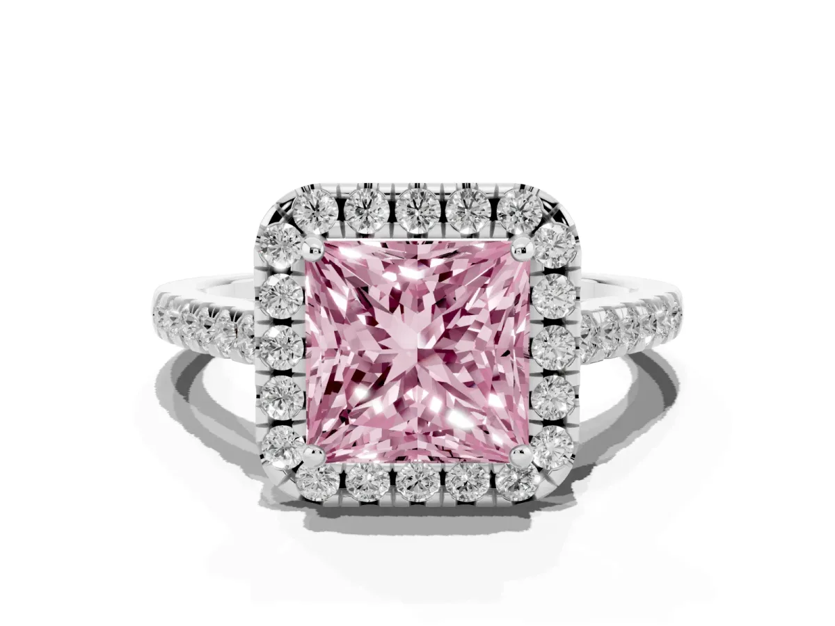 Fancy Pink Princess Cut Halo Pave Diamond Engagement Ring with Four-Prong Setting Silver