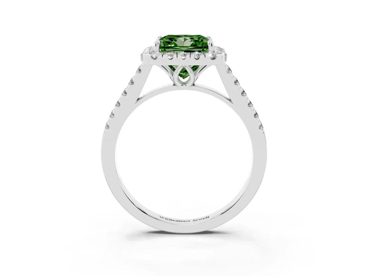Fancy Green Princess Cut Halo Pavé Diamond Engagement Ring with Four-Prong Setting Silver
