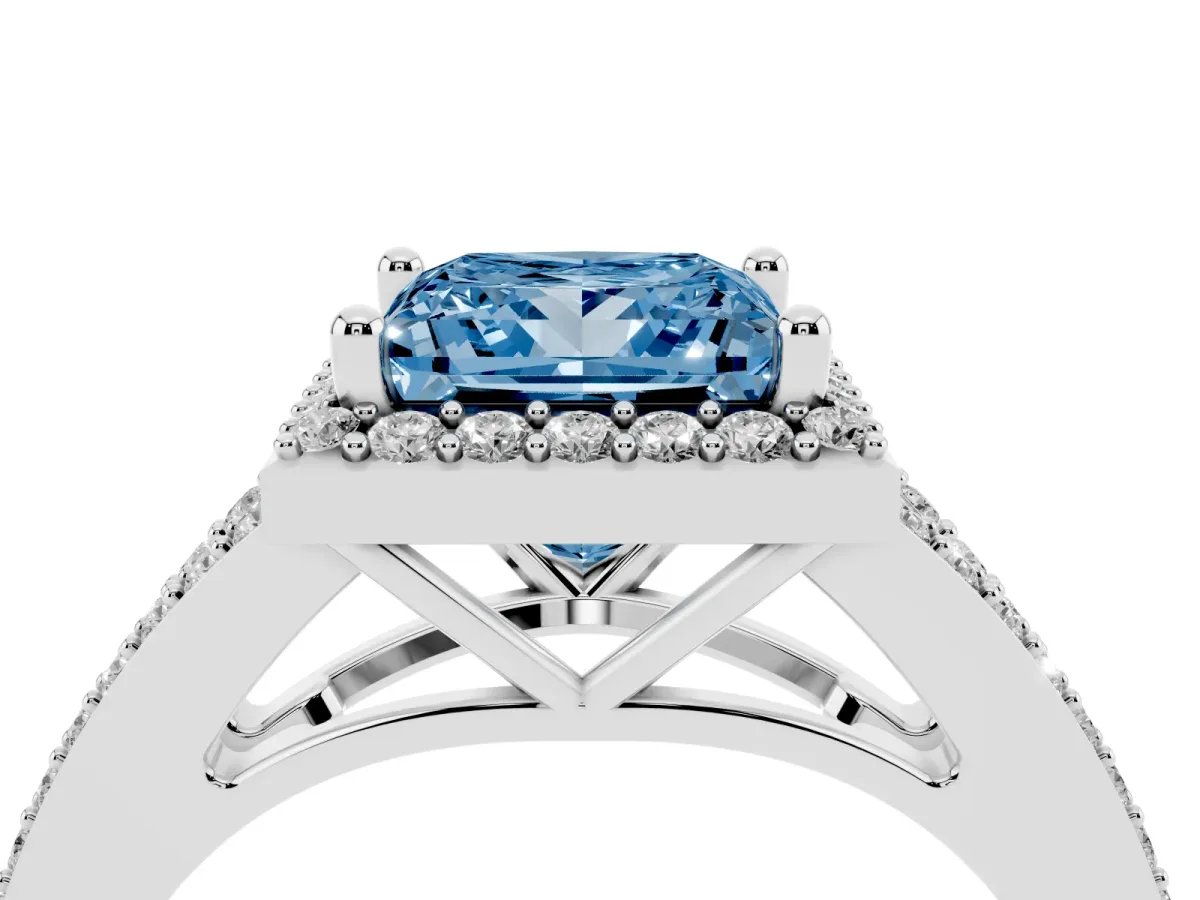 Fancy Blue Princess Cut Halo Split Shank Diamond Ring with Prong Setting Silver