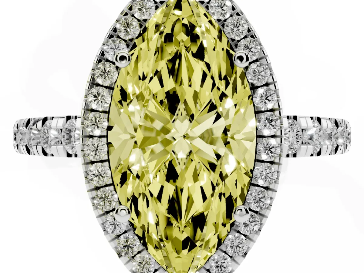 Fancy Yellow Marquise Cut Diamond Halo Ring with Pavé Band and Four-Prong Setting Platinum
