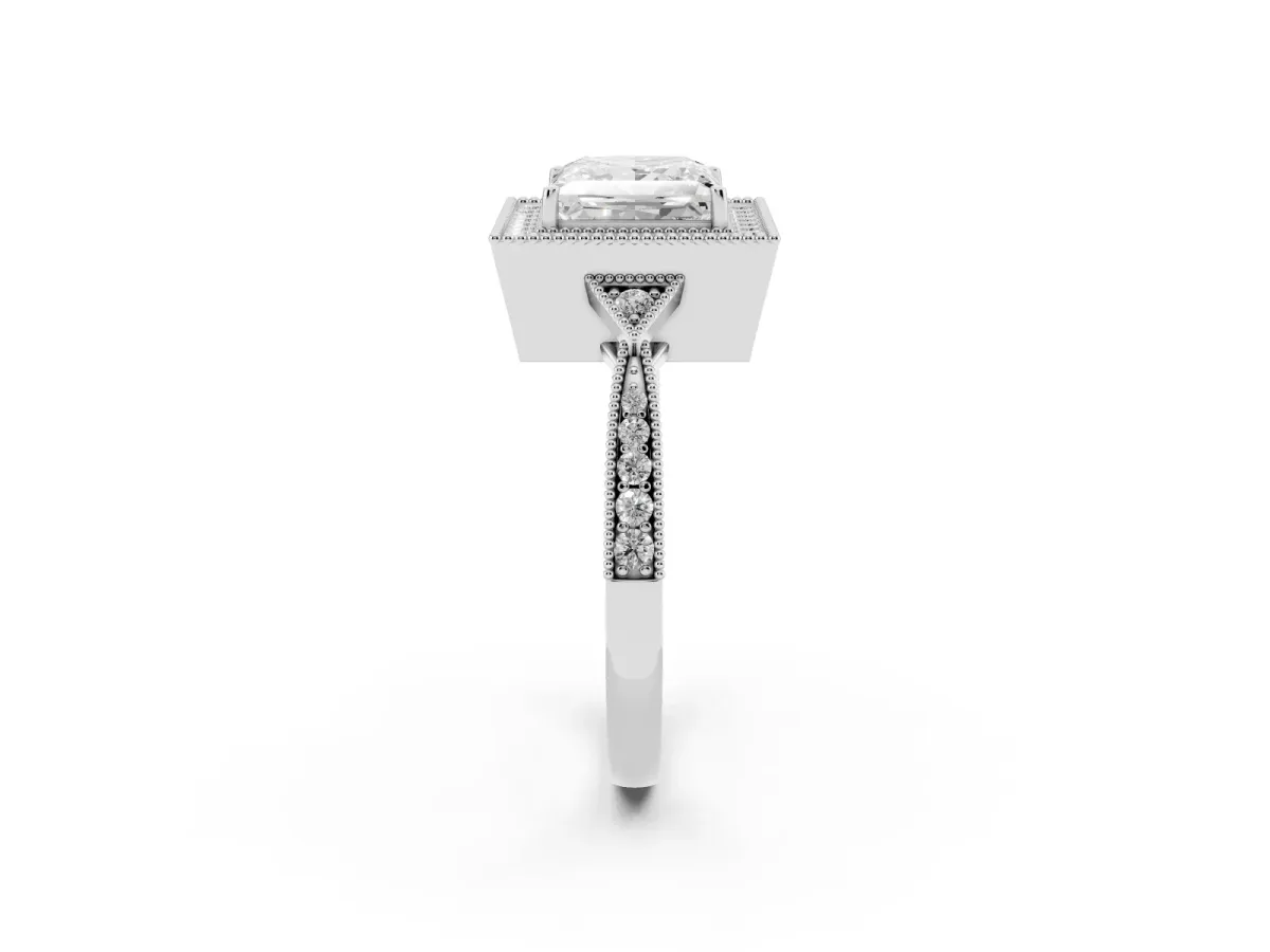 Princess Cut Halo Round Diamond Milgrain Pave Engagement Ring Silver