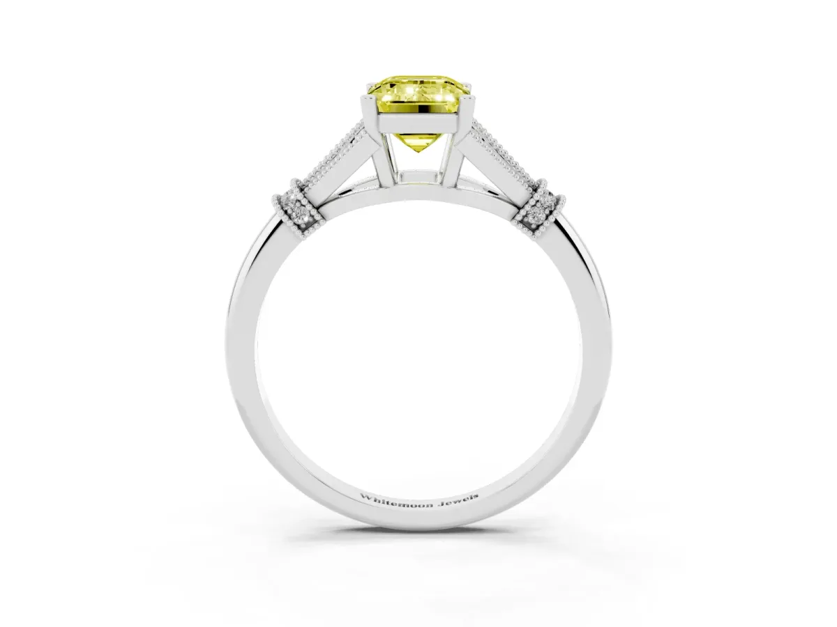 Fancy Yellow Emerald Cut Diamond Solitaire Ring with Floral Filigree and Pave Accents Platinum