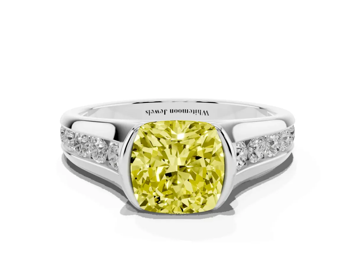 Fancy Yellow Cushion Cut Solitaire Bezel-Set Diamond Ring with Channel-Set Band Silver