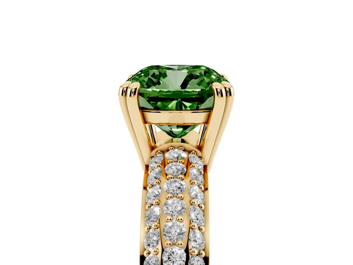Fancy Green Cushion Cut Diamond Solitaire Ring with Multi-Row Round Pavé Band and Prong Setting Yellow gold