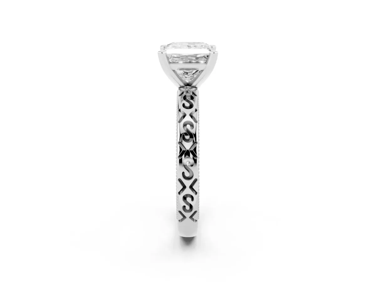 Princess Cut Solitaire Engagement Ring with Scrollwork Band and Four-Prong Setting Silver