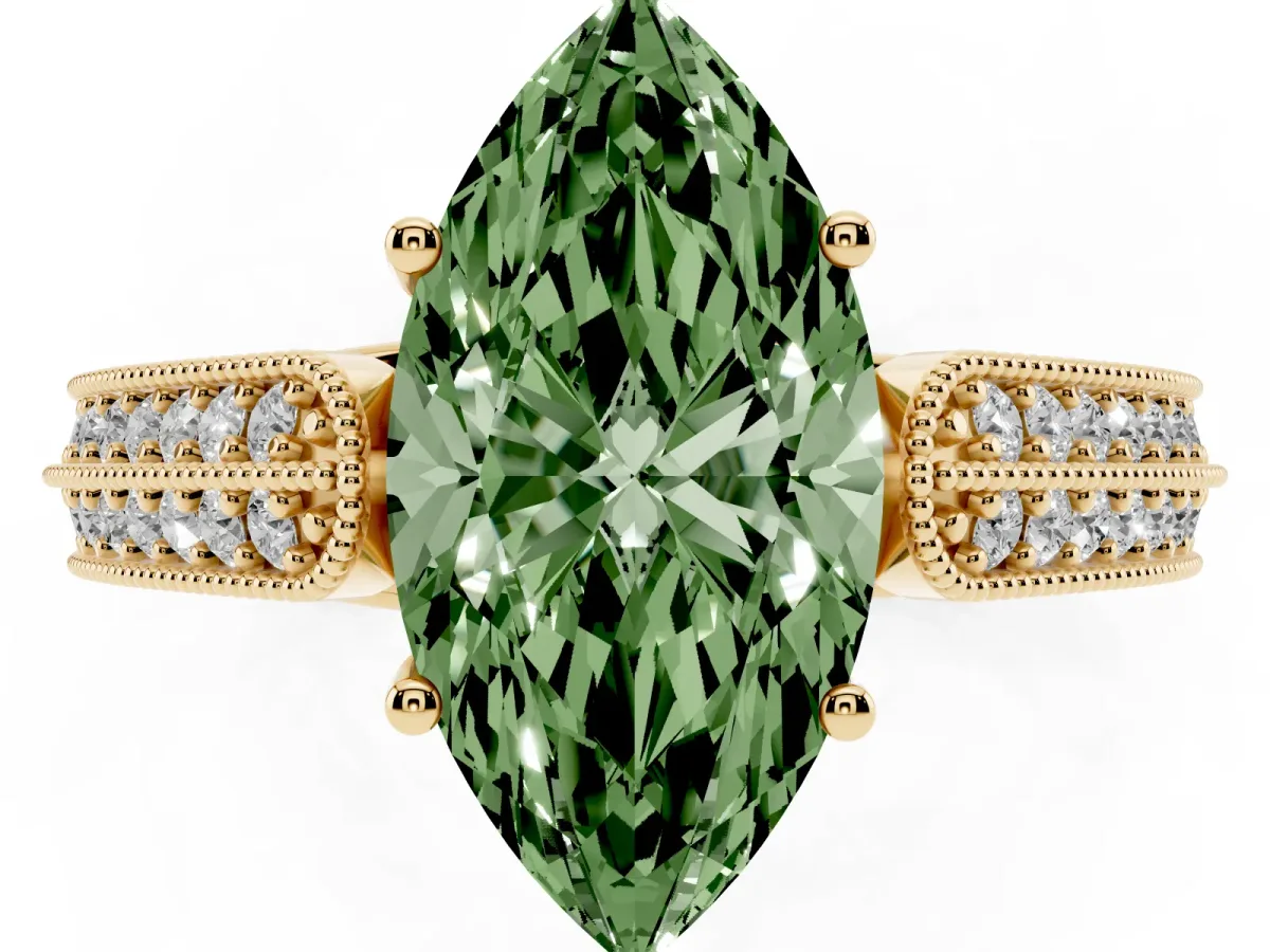 Fancy Green Marquise Cut Cut Pave Split Shank Engagement Ring with Four-Prong Setting Yellow gold