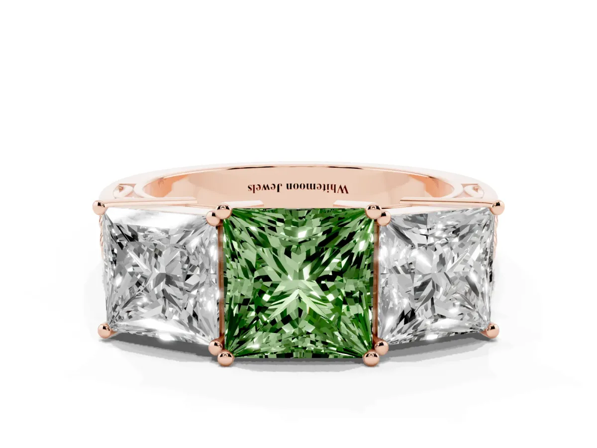 Fancy Green Princess Cut Diamond Three-Stone Ring with Prong Setting and Textured Band Rose gold