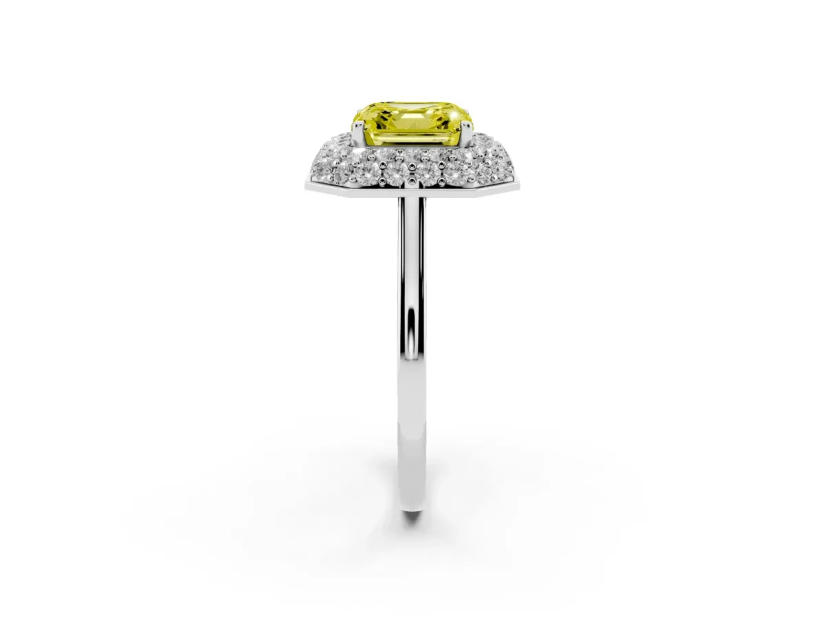 Fancy Yellow Asscher Cut Halo Diamond Engagement Ring with Solitaire Band and Four-Prong Setting Silver