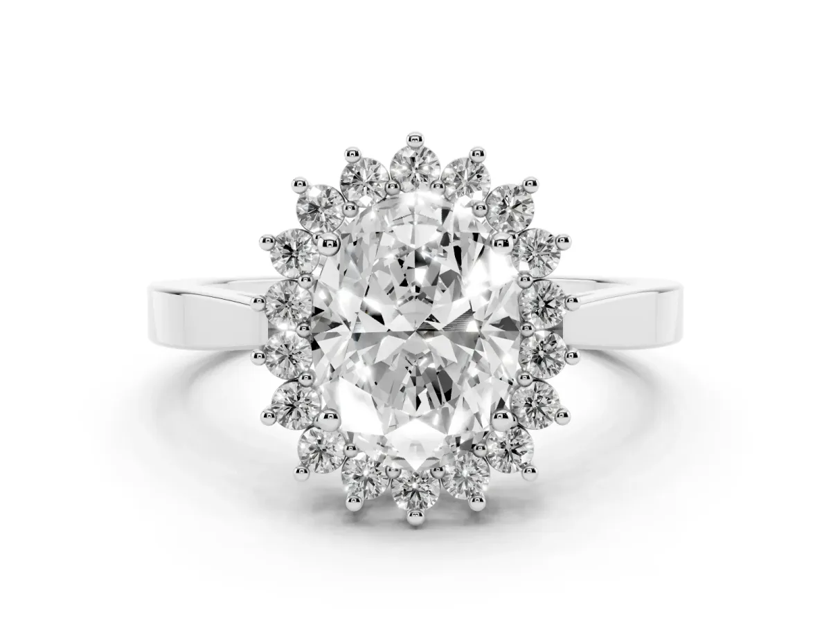 Oval Cut Cut Diamond Halo Ring with Round Brilliant Halo and Solitaire Band White gold