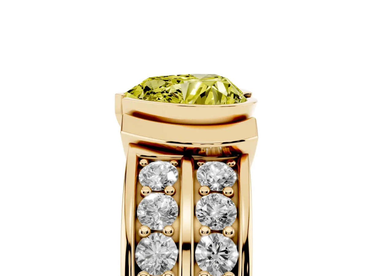 Fancy Yellow Heart Cut Brilliant Diamond Channel Set Wide Band Ring with Bezel Setting Yellow gold