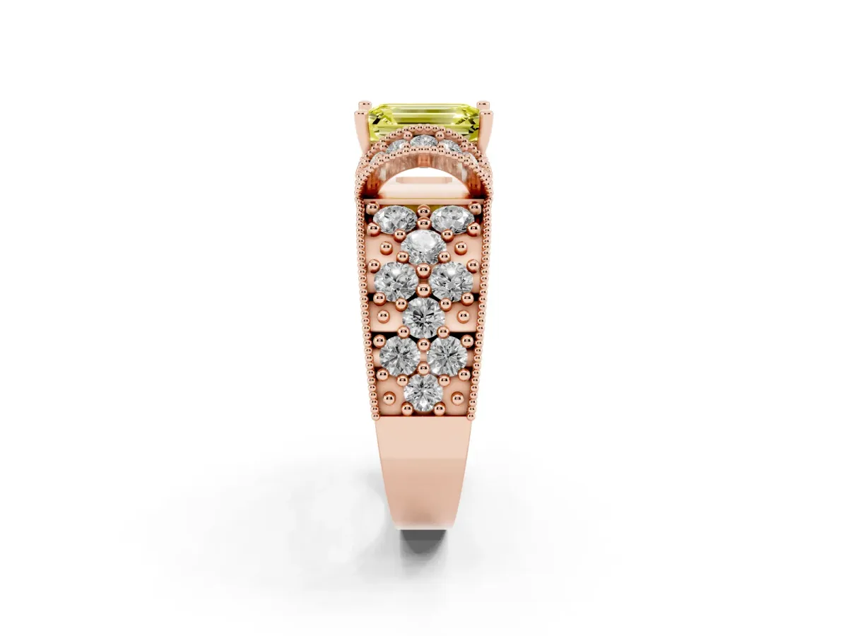 Fancy Yellow Emerald Cut Halo Pave Diamond Engagement Ring with Milgrain Detailing Rose gold