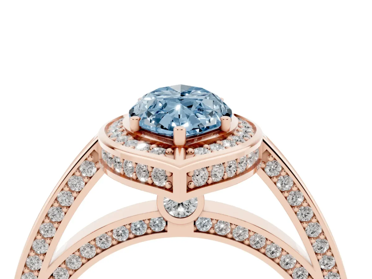 Fancy Blue Marquise Cut Cut Halo Pave Split Shank Prong Setting Ring Rose gold
