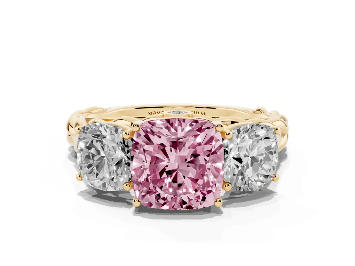 Fancy Pink Three-Stone Cushion Cut Diamond Braided Band Ring with Four-Prong Setting Yellow gold