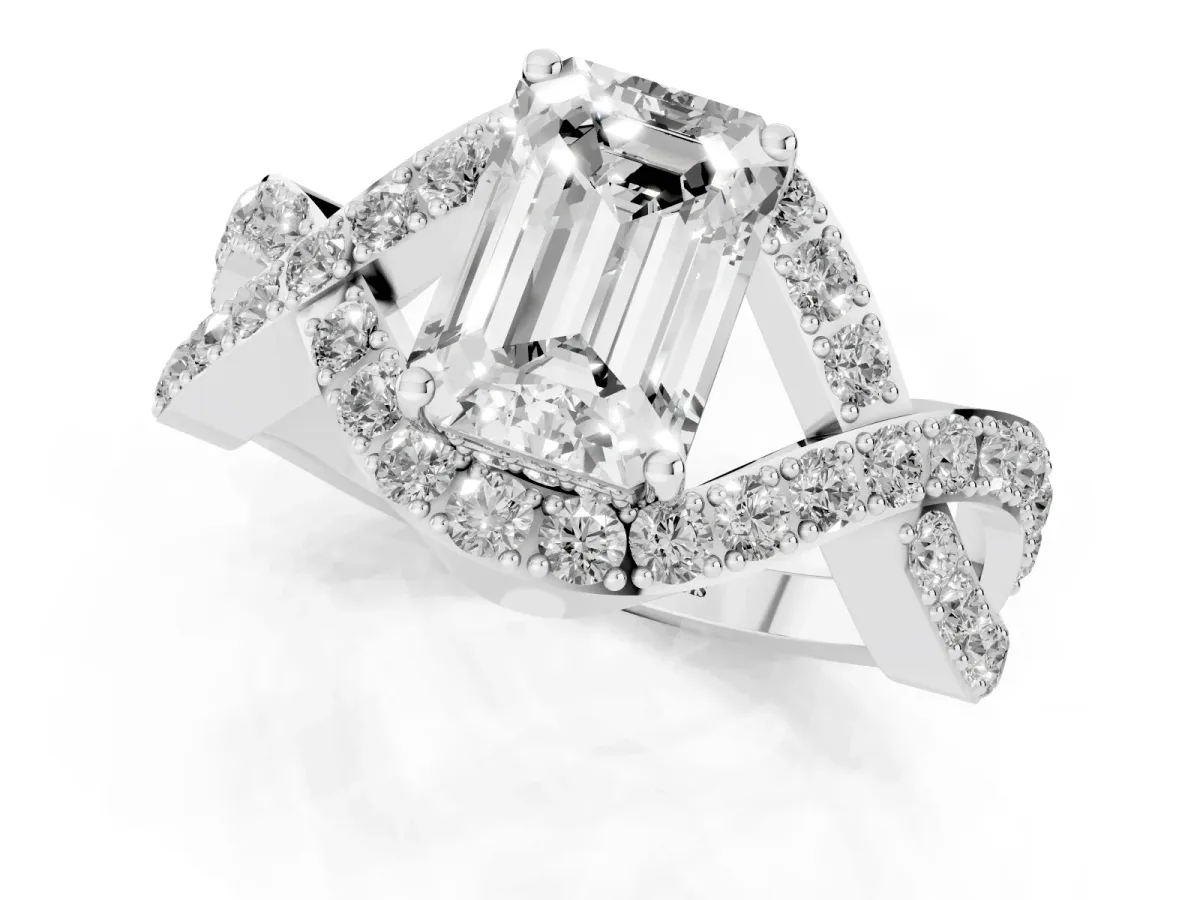 Emerald Cut Solitaire Twist Band Pavé Diamond Engagement Ring Silver