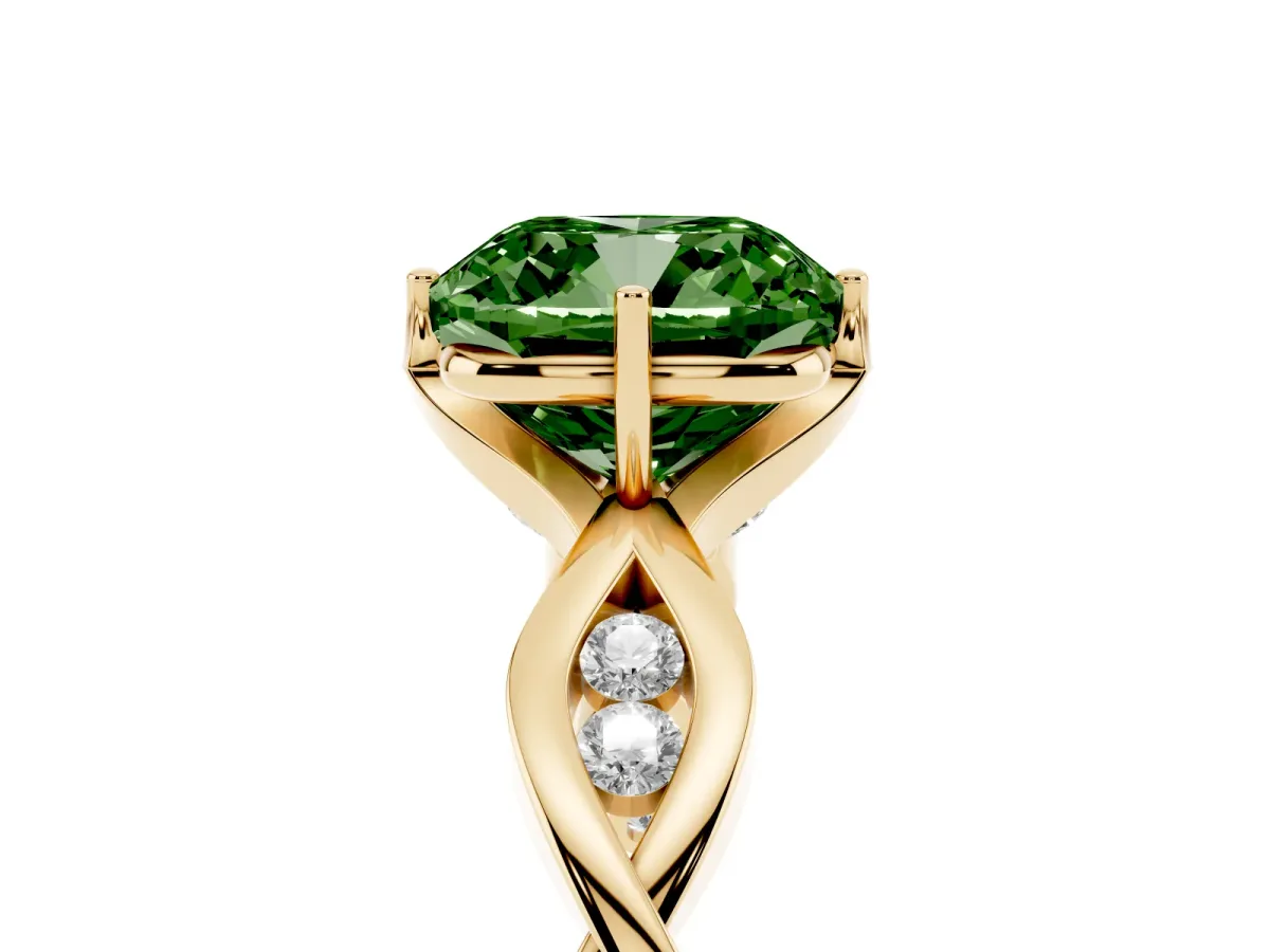 Fancy Green Cushion Cut Solitaire Twist Band with Leaf Prong Setting Yellow gold
