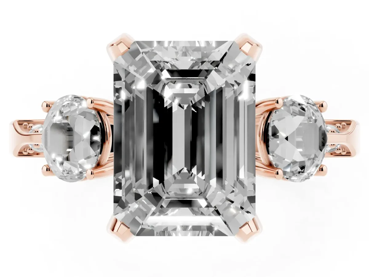 Fancy Yellow Emerald Cut Brilliant Three-Stone Diamond Ring with Pavé Band and Four-Prong Setting Rose gold
