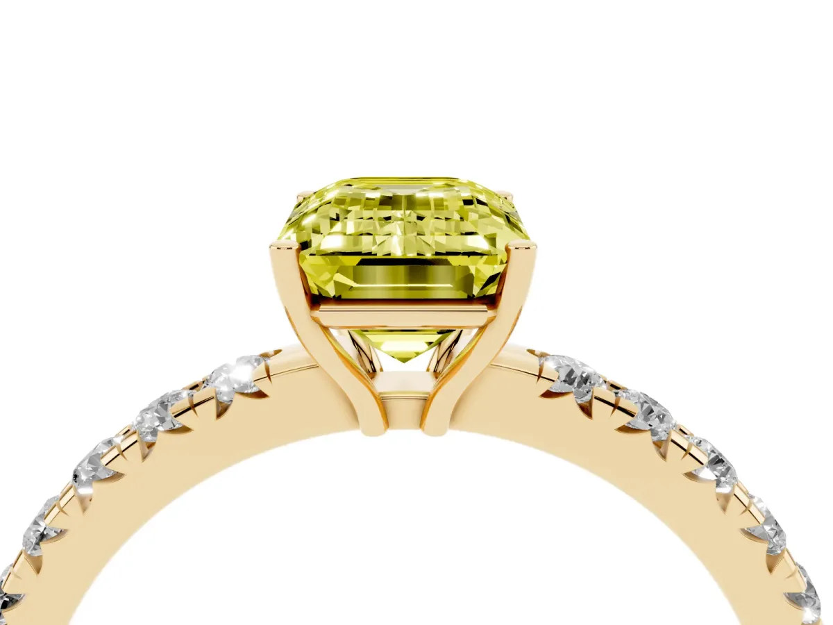 Fancy Yellow Emerald Cut Diamond Pavé Solitaire Engagement Ring with Four-Prong Setting Yellow gold