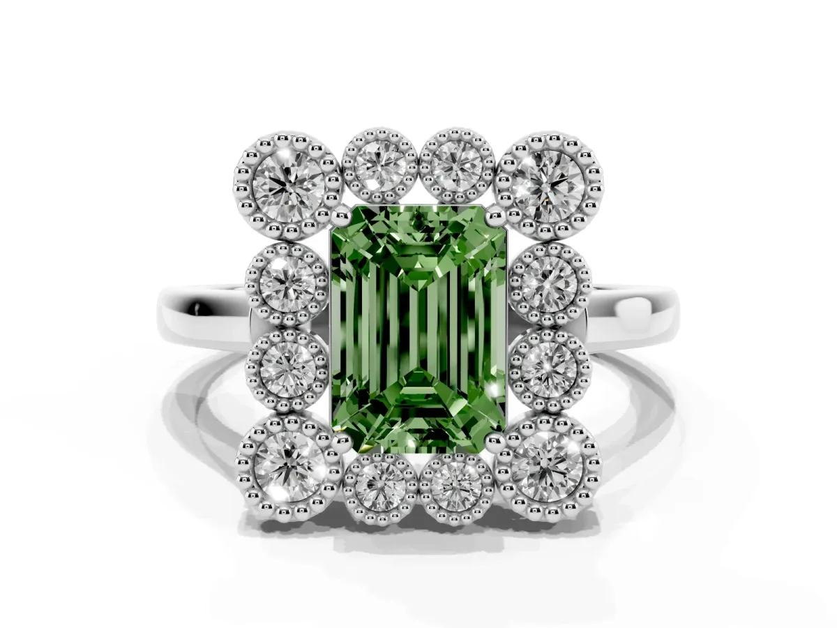 Fancy Green Emerald Cut Halo Diamond Cluster Engagement Ring with Milgrain Bezel Setting and Solitaire Band Platinum