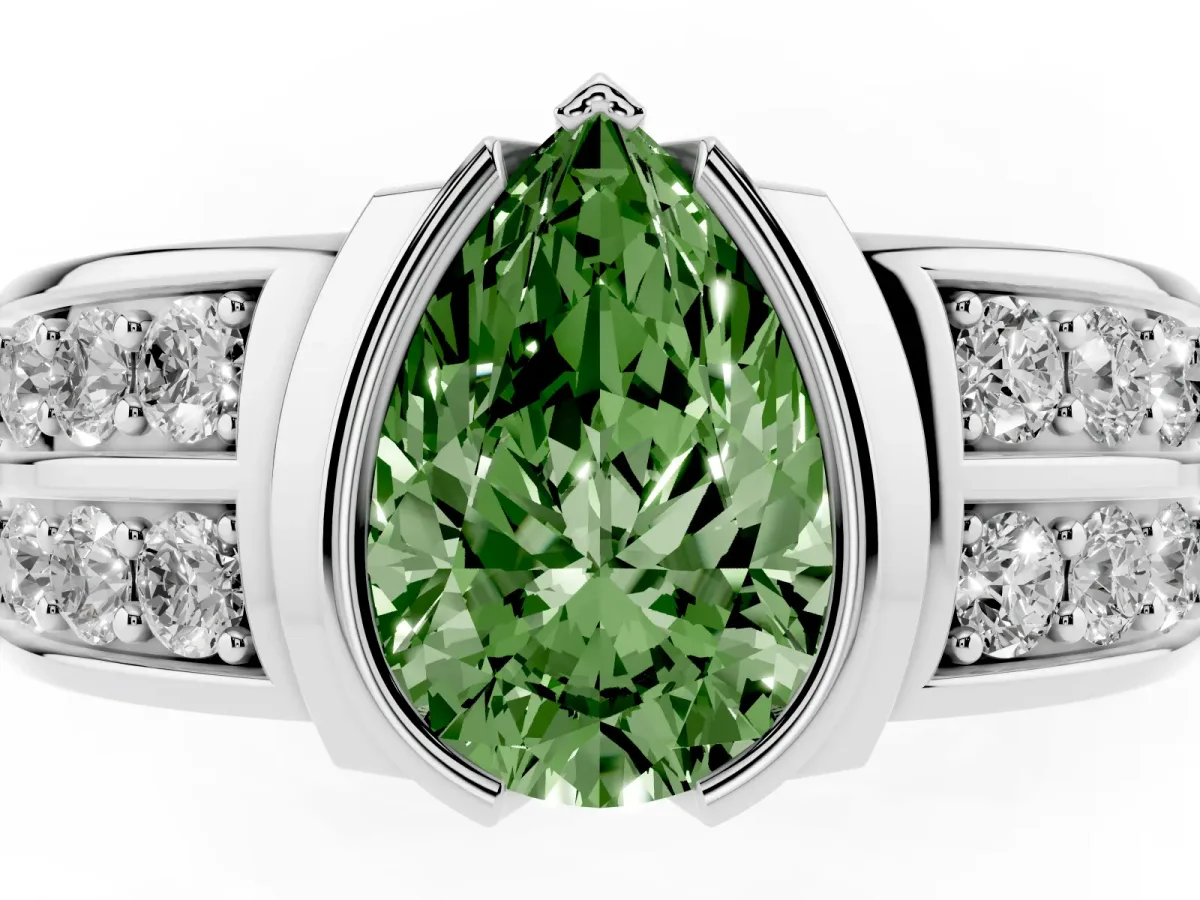 Fancy Green Pear Cut Brilliant Diamond Channel Set Wide Band Ring with Bezel Setting Platinum