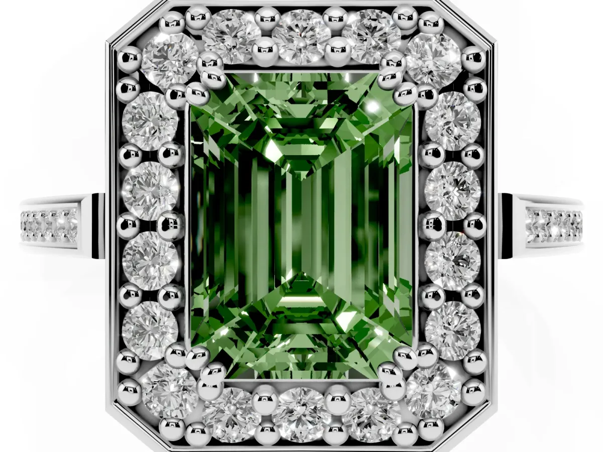 Fancy Green Emerald Cut Diamond Halo Ring with Split Shank and Four-Prong Setting Silver