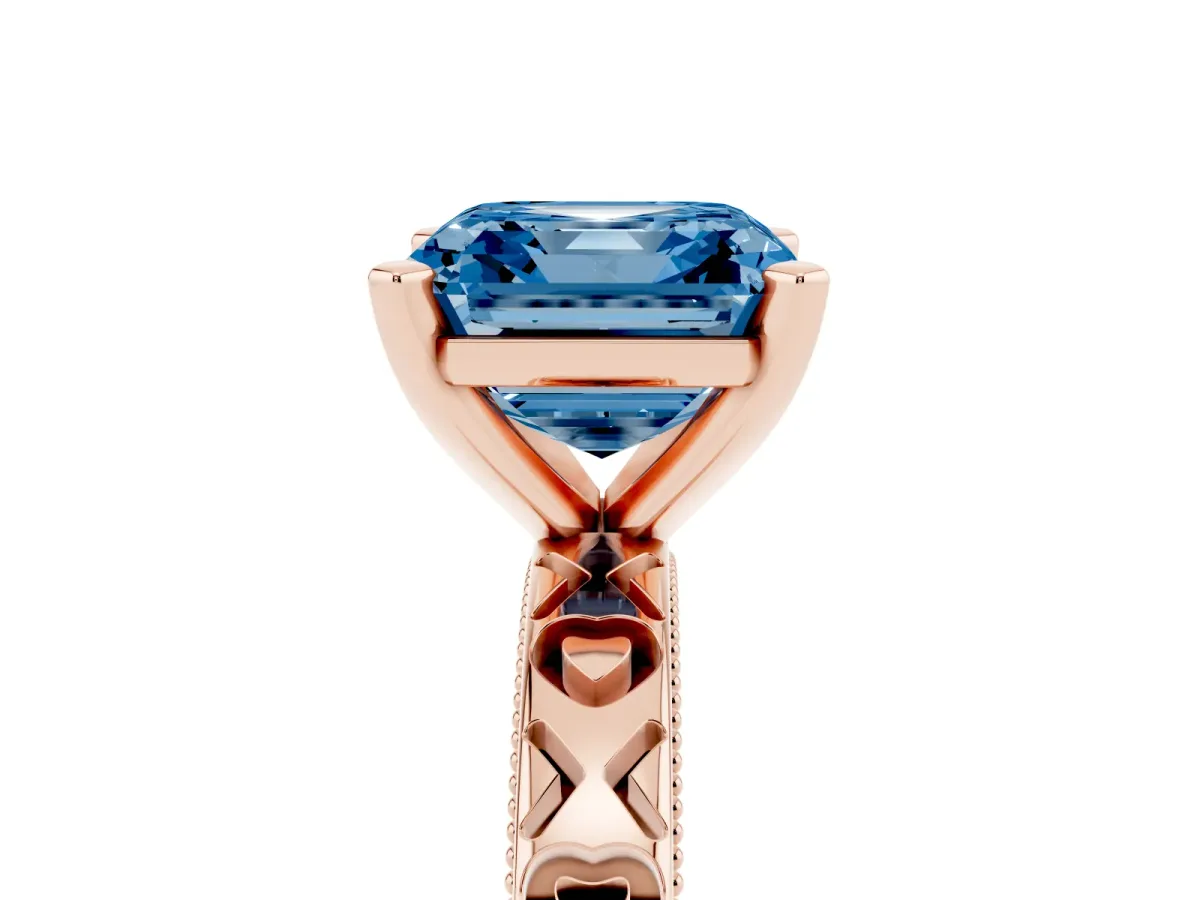 Fancy Blue Asscher Cut Solitaire Diamond Engagement Ring with XO Engraved Band and Four-Prong Setting Rose gold