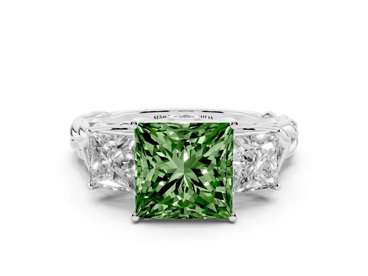 Fancy Green Three-Stone Princess Cut Diamond Braided Band Ring with Four-Prong Setting Silver