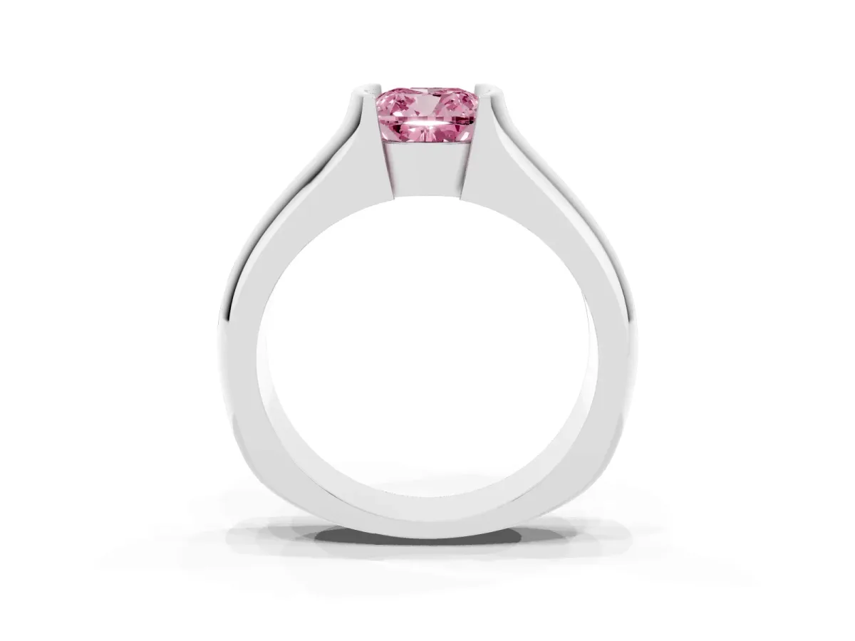 Fancy Pink Cushion Cut Solitaire Bezel Set Diamond Ring with Wide Band Silver