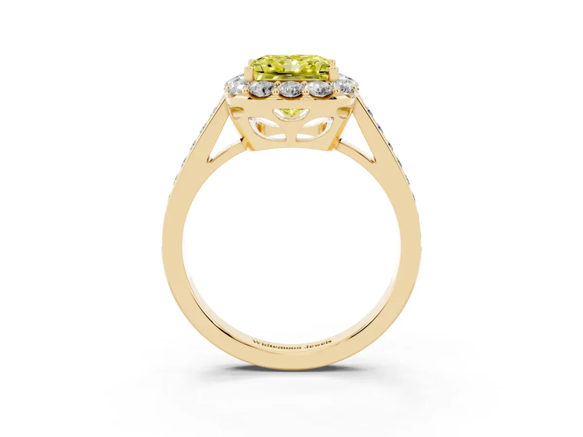 Fancy Yellow Princess Cut Diamond Floral Halo Ring with Pavé Band and Prong Setting Yellow gold