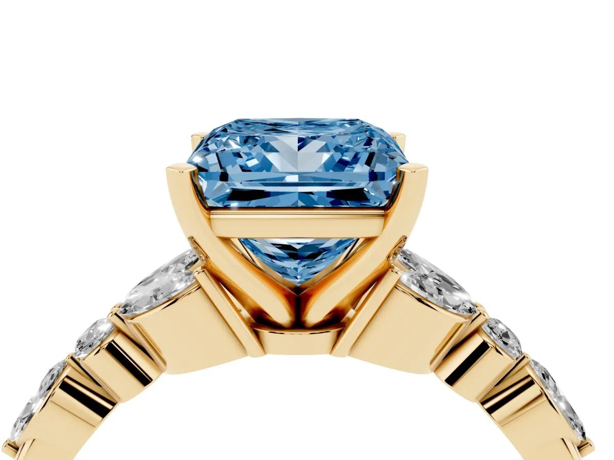 Fancy Blue Princess Cut Diamond Solitaire Ring with Side Stones and Four-Prong Setting Yellow gold