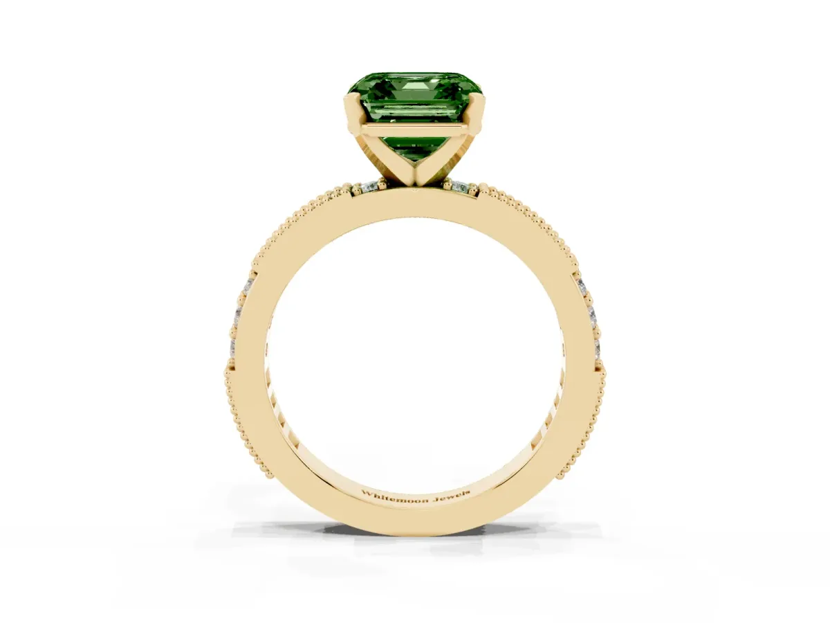 Fancy Green Asscher Cut Solitaire with Pavé Band and Four-Prong Setting Yellow gold