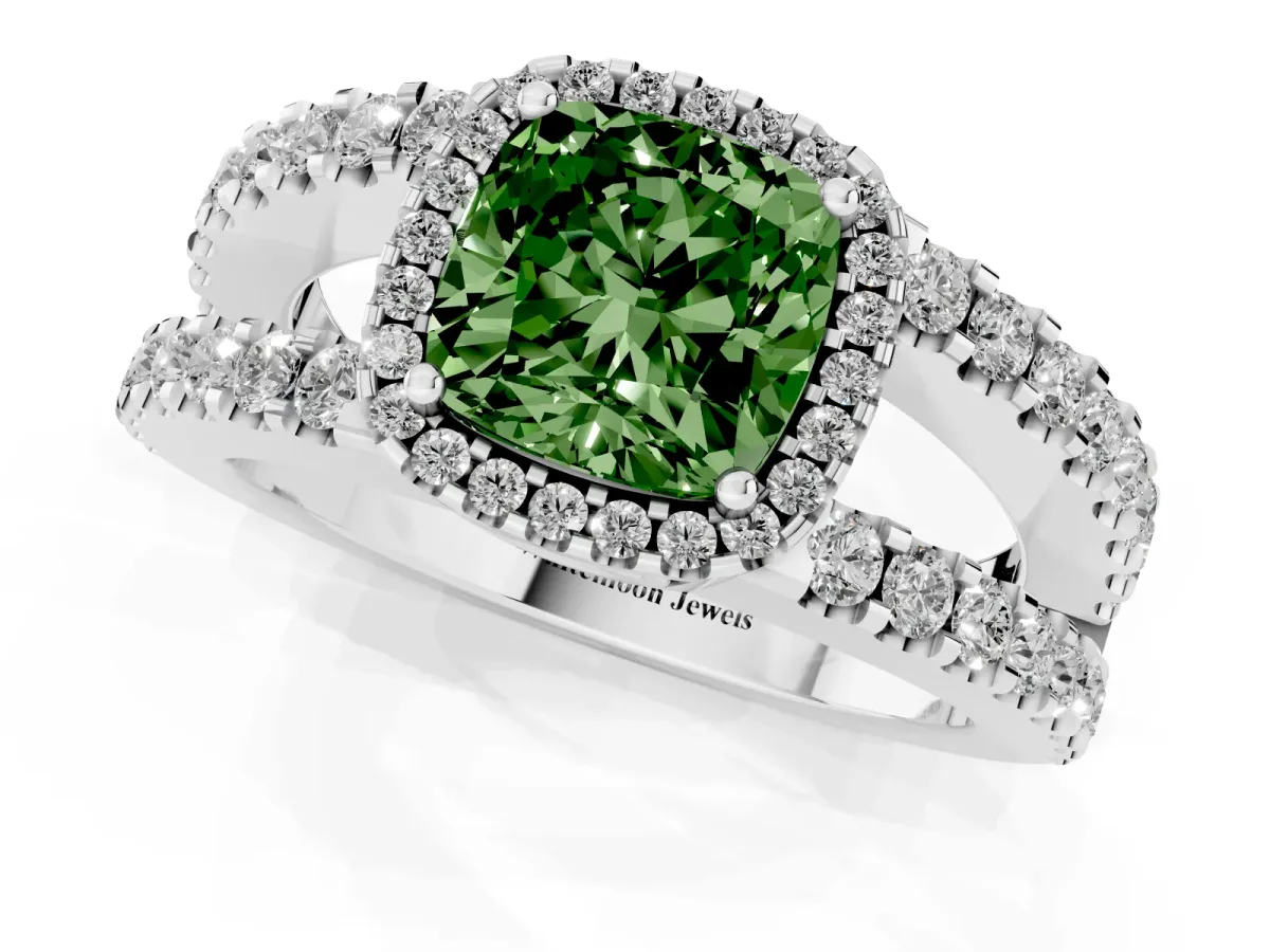 Fancy Green Cushion Cut Cut Halo Split Shank Diamond Ring with Four-Prong Setting Silver