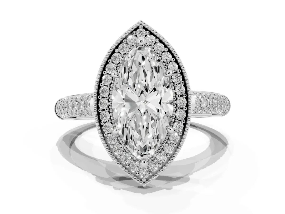 Marquise Cut Cut Halo Diamond Pave Band with Four-Prong Setting Platinum
