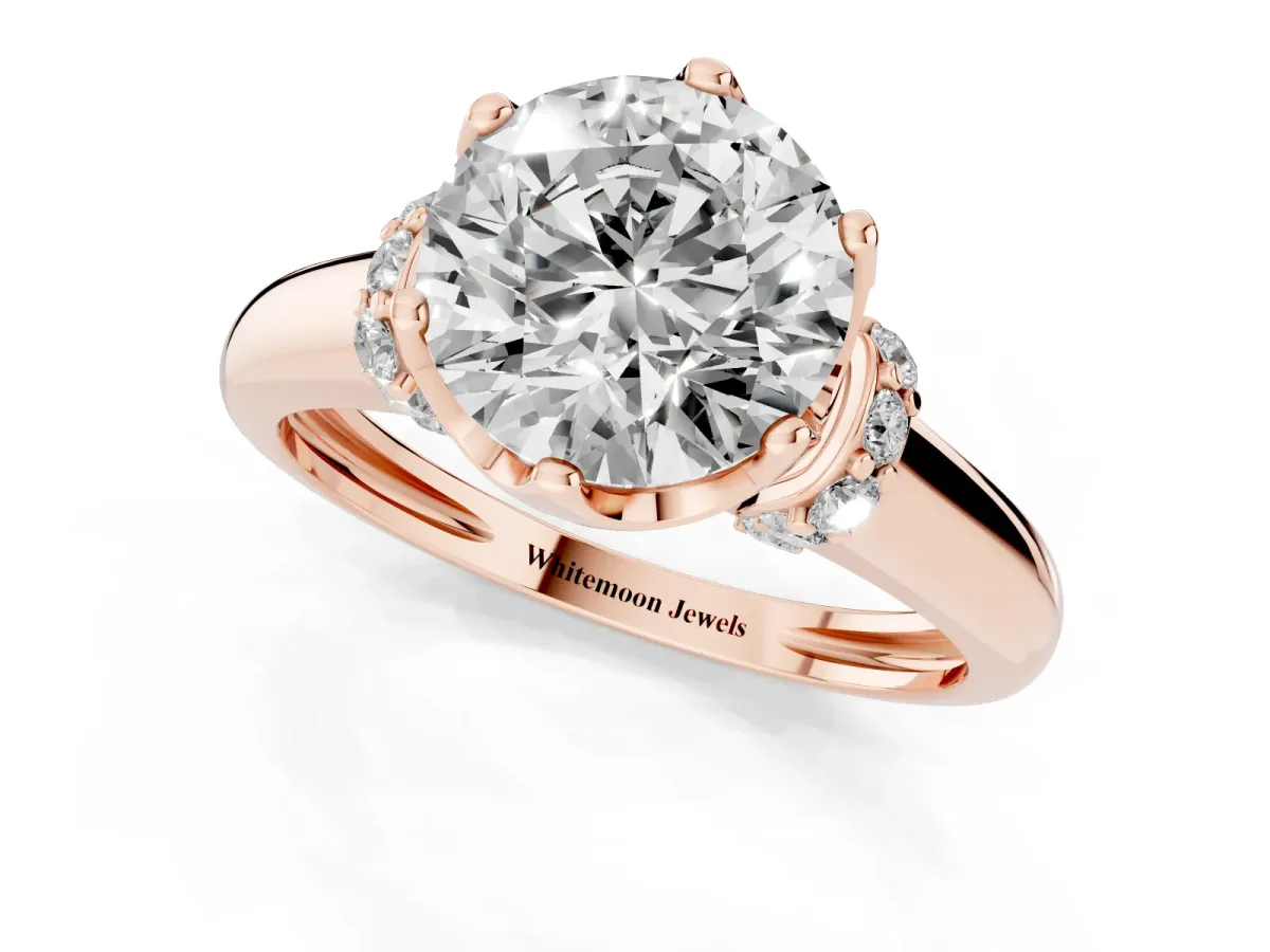 Round Cut Brilliant Solitaire Cathedral Engagement Ring with Pave Accents Rose gold
