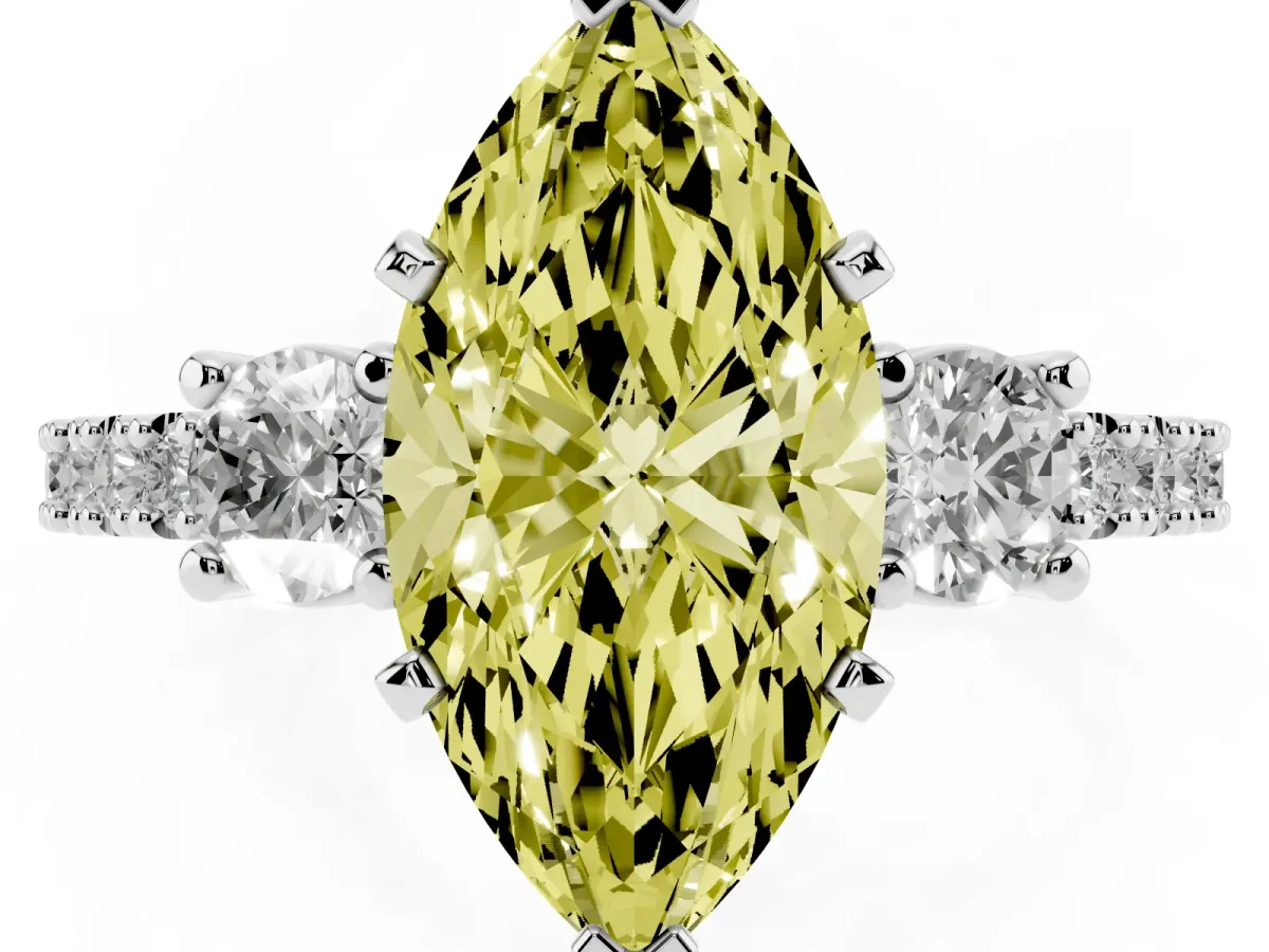 Fancy Yellow Marquise Cut Three-Stone Diamond Pavé Band with Prong Setting White gold