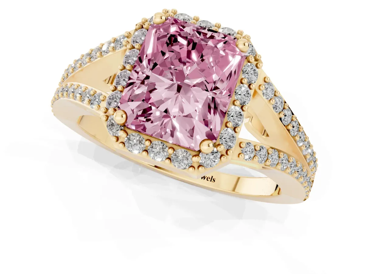 Fancy Pink Radiant Cut Halo Split Shank Diamond Ring with Prong Setting Yellow gold