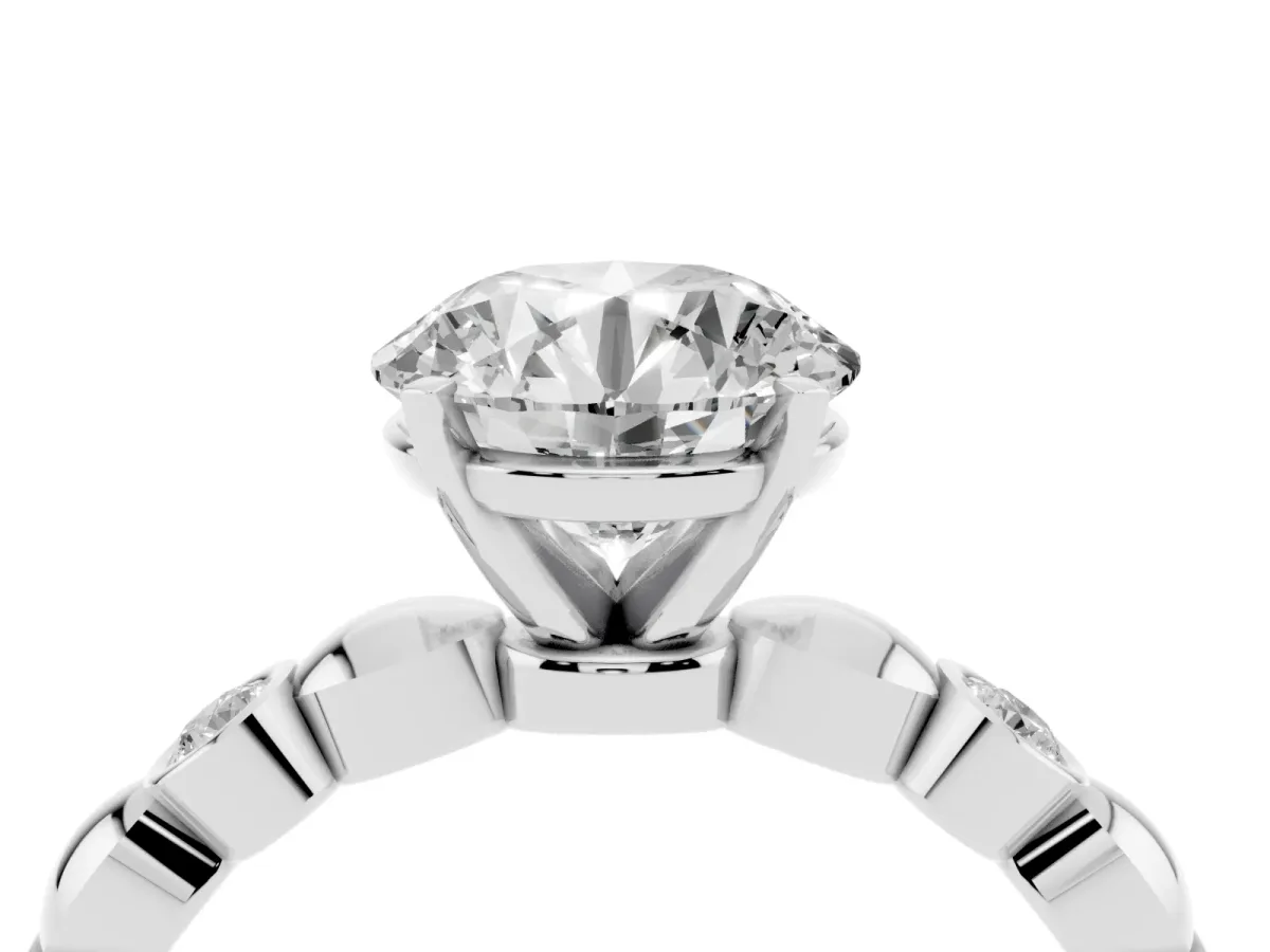 Round Cut Solitaire Bezel-Set Diamond Ring with Beaded Band and Four-Prong Setting Silver