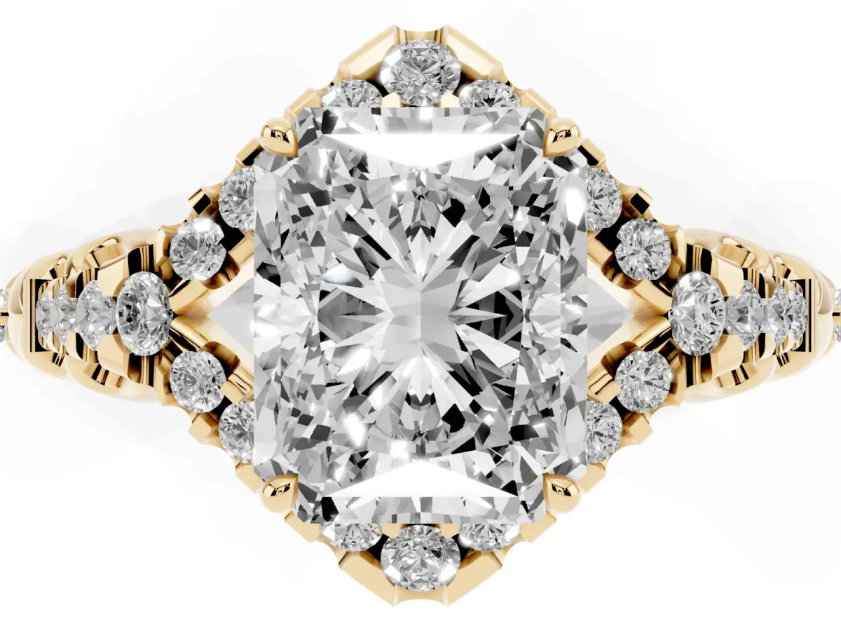 Radiant Cut Diamond Solitaire Ring with Hidden Halo and Pavé Band Yellow gold