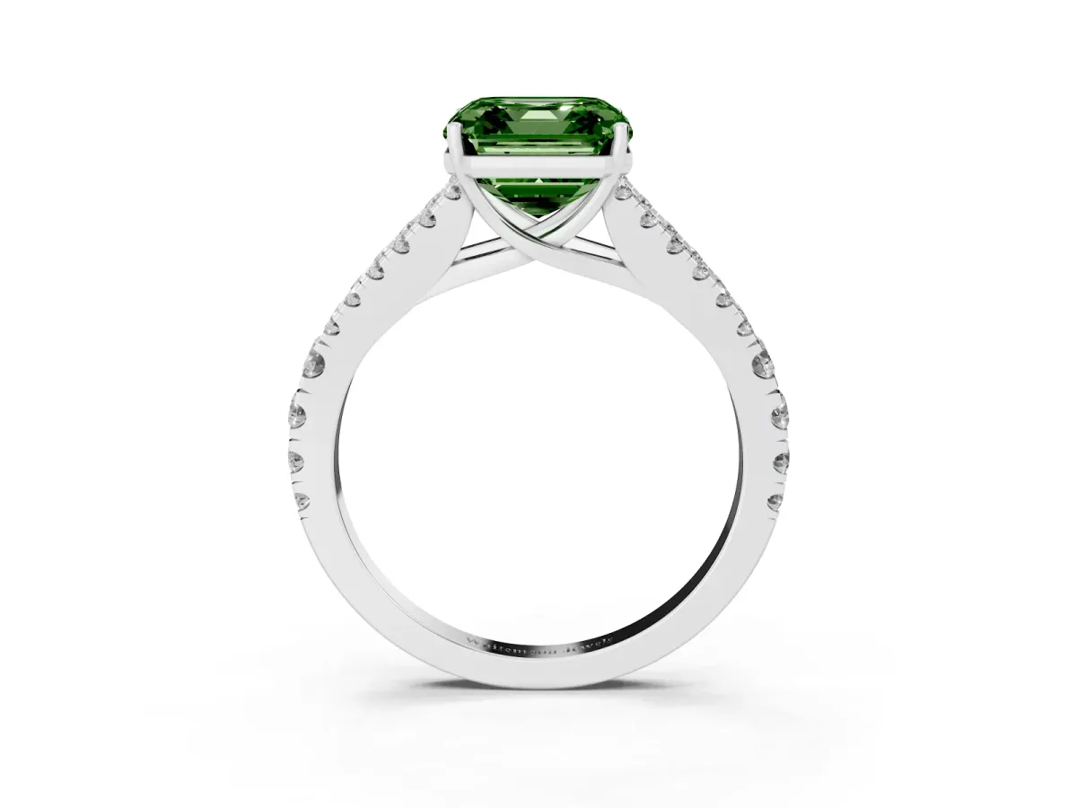 Fancy Green Asscher Cut Diamond Split Shank Engagement Ring with Round Pavé and Prong Setting Platinum