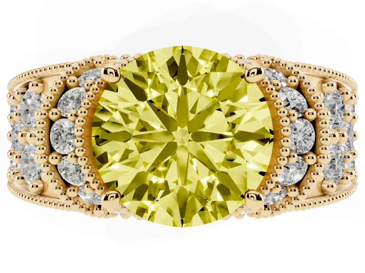 Fancy Yellow Round Cut Halo Pave Diamond Engagement Ring with Milgrain Detailing Yellow gold