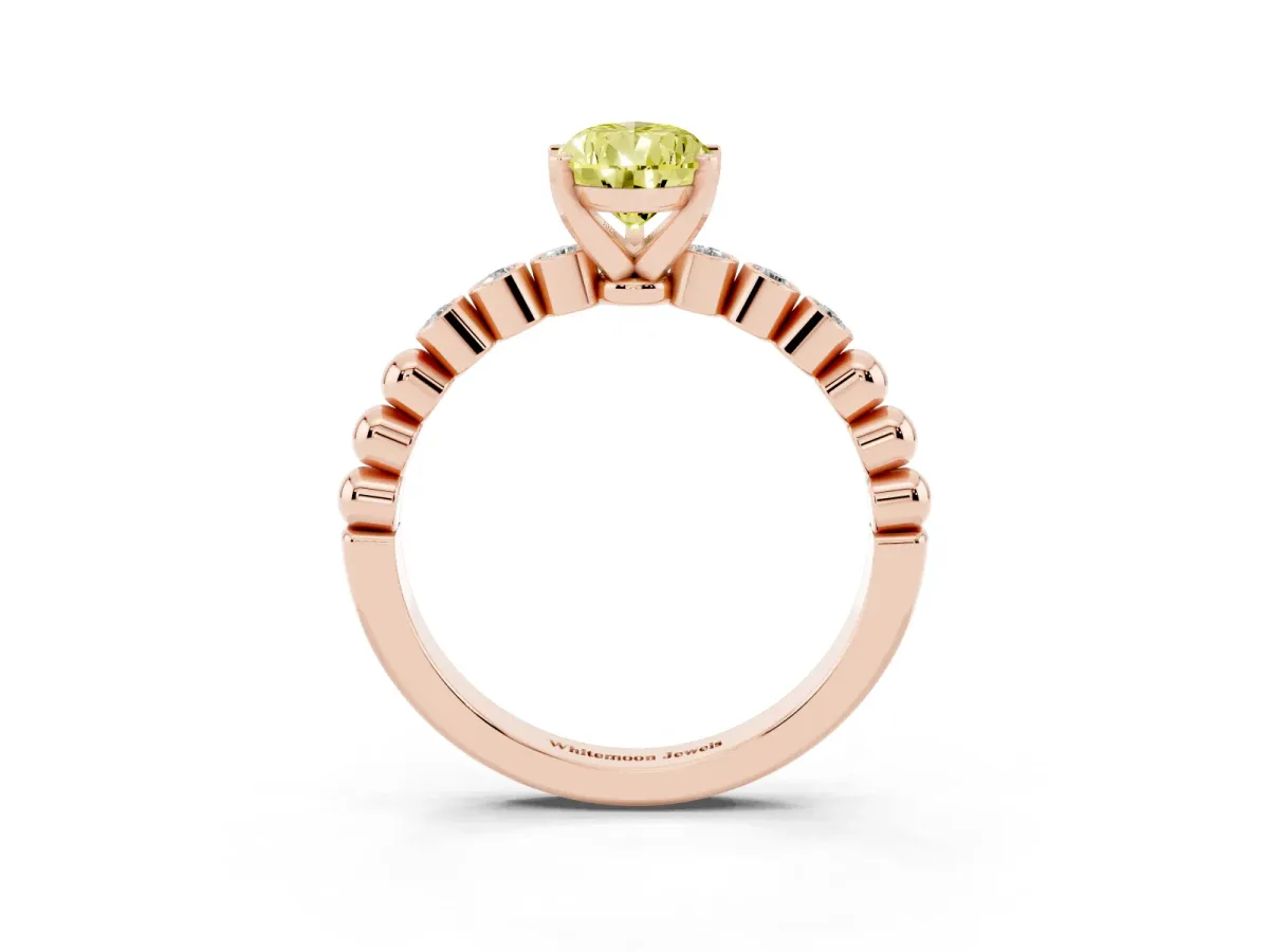 Fancy Yellow Pear Cut Solitaire Bezel Accent Diamond Engagement Ring with Beaded Band and Four-Prong Setting Rose gold