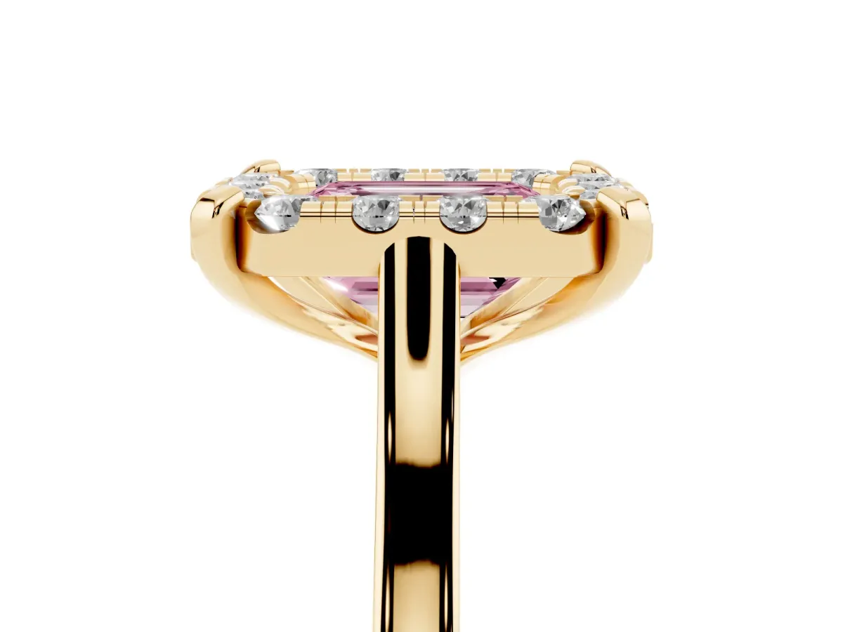 Fancy Pink Emerald Cut Diamond Cluster Halo Solitaire with Four-Prong Setting Yellow gold