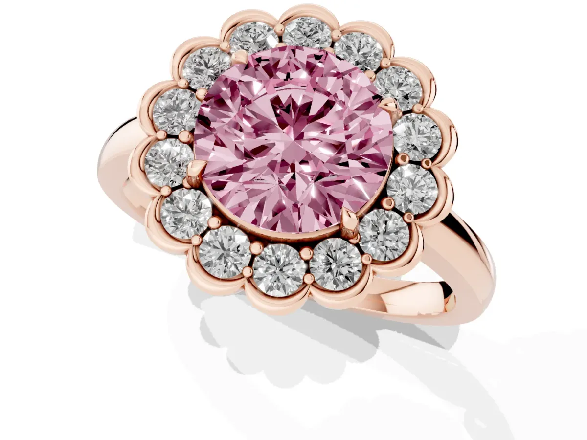 Fancy Pink Round Cut Halo Cluster Diamond Engagement Ring with Solitaire Band and Prong Setting Rose gold