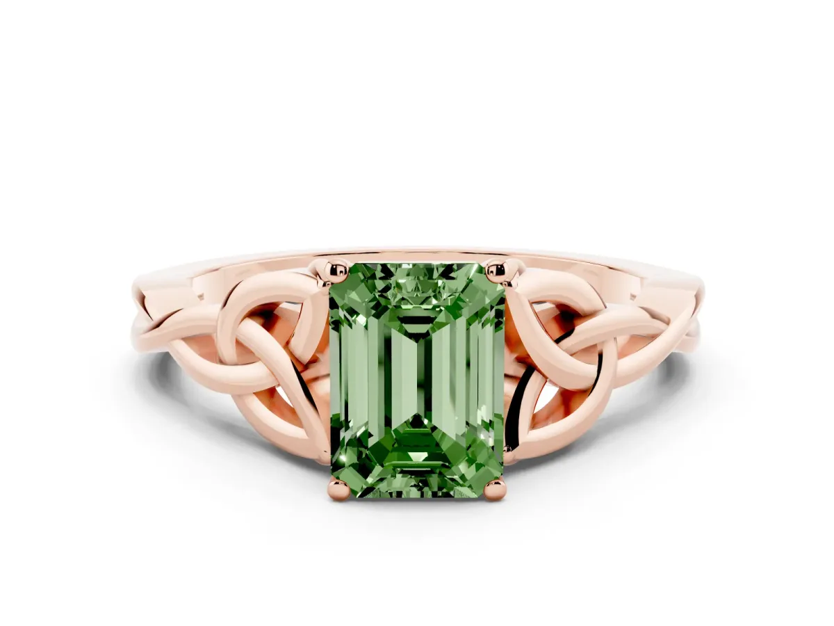 Fancy Green Emerald Cut Diamond Solitaire Engagement Ring with Celtic Knot Band and Four-Prong Setting Rose gold