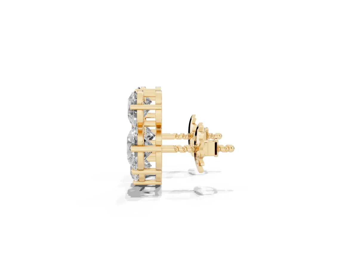 Round Cut Diamond Graduated Three-Stone Stud Earrings Yellow gold