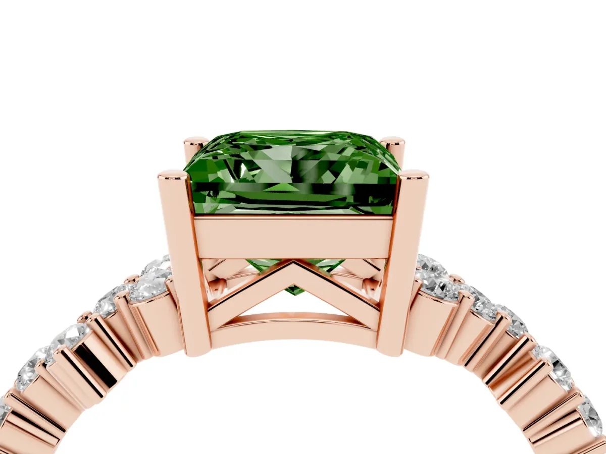 Fancy Green Princess Cut Diamond Scattered Round Accent Ring with Prong Setting Rose gold