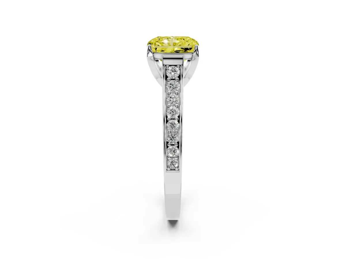 Fancy Yellow Radiant Cut Brilliant Cut Diamond Engagement Ring with Pavé Band and Four-Prong Setting White gold