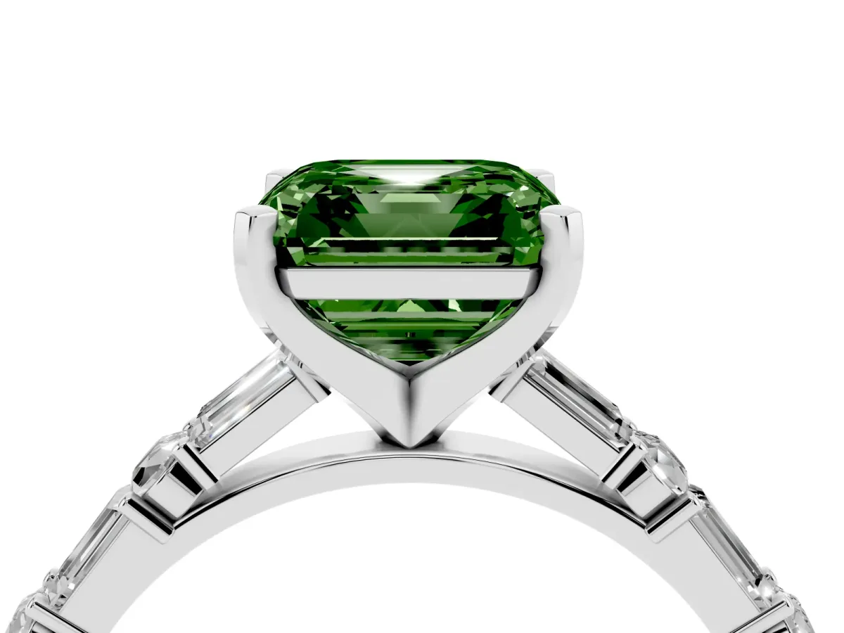 Fancy Green Asscher Cut Diamond Solitaire with Side Baguettes and Channel Set Band Silver