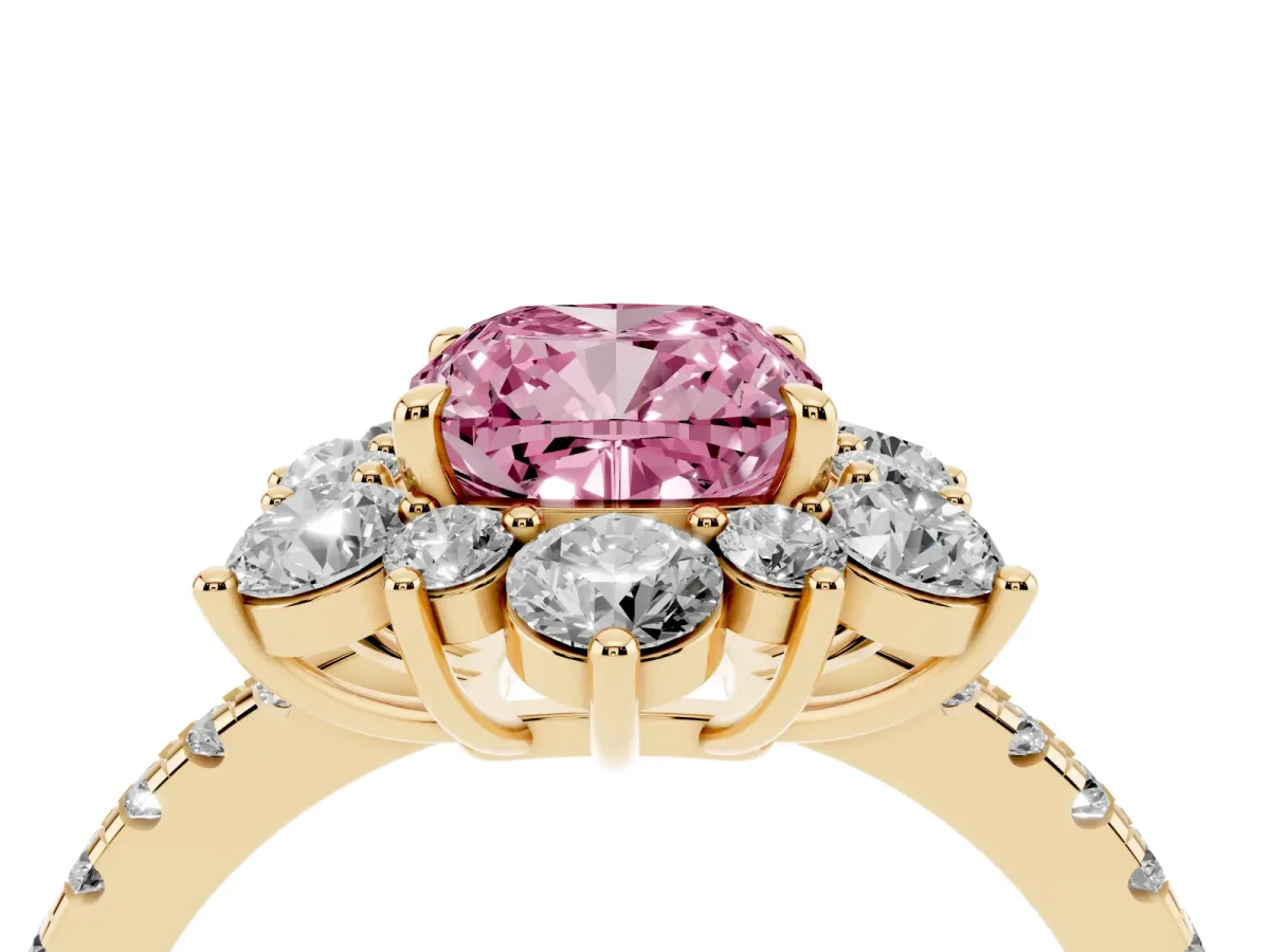 Fancy Pink Cushion Cut Diamond Floral Halo Ring with Round Pavé Band and Prong Setting Yellow gold